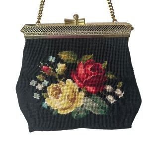 Vintage Needlepoint Floral Clutch Bag Gold Chain Kiss Lock Evening Bag